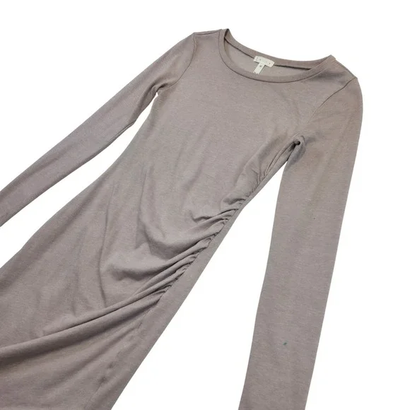 Leith XS Taupe Brown Ruched Asymmetrical Midi Dress Casual Minimalist XS Mauve - Picture 3 of 11